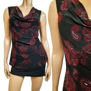 Vintage 90s Sleeveless Cowl Neck Top Size M Black Red Glitter Flocked Velvet